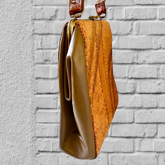 Vintage Snakeskin Handbag Structured Top Handle Clasp Purse Pocketbook - Picture 6 of 13